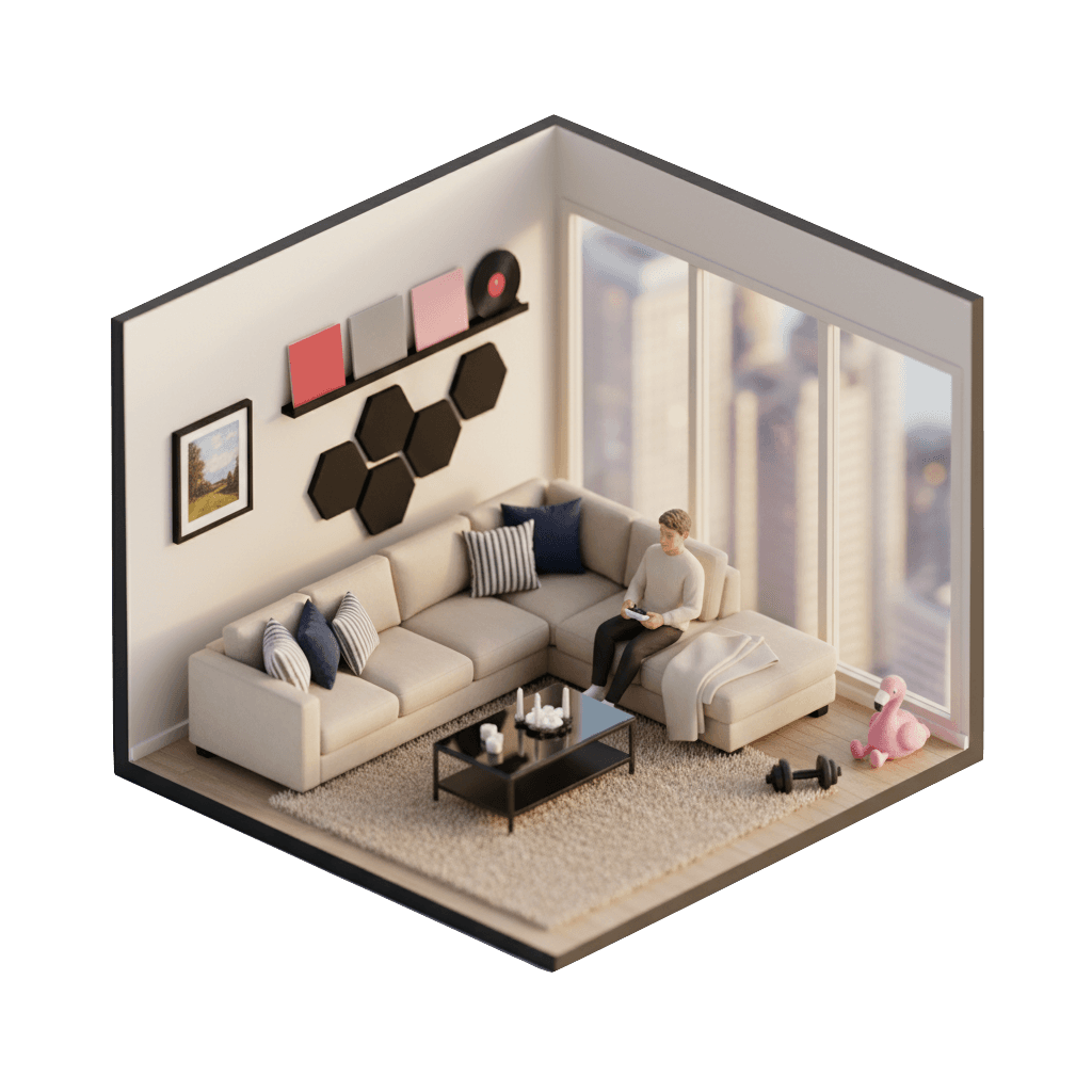 Isometric 3D miniature of me gaming on the couch